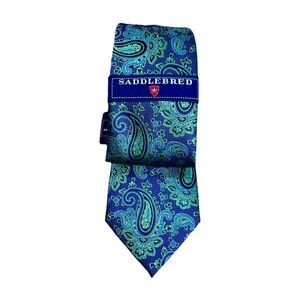 Saddlebred Silk Blend Men’s Tie Paisley Blue Green Preppy Classic Colorful NEW